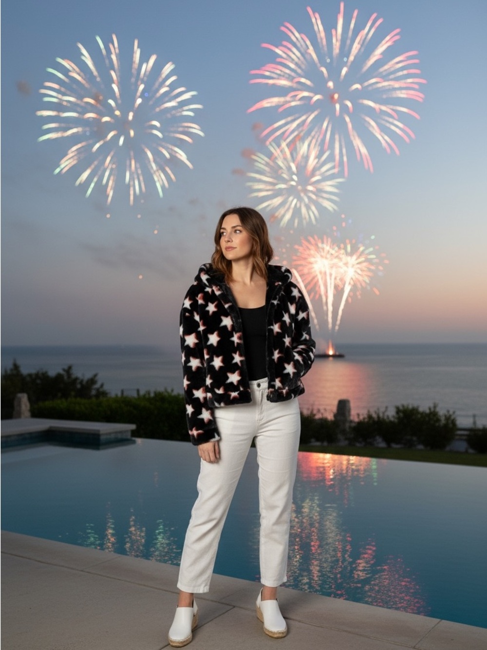 UGG Black Star Pattern Faux Fur Bomber Jacket